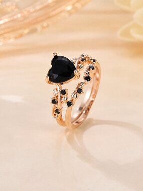 Black Heart Gemstone Gold Plated Bridal Ring Set Size 8 NWT